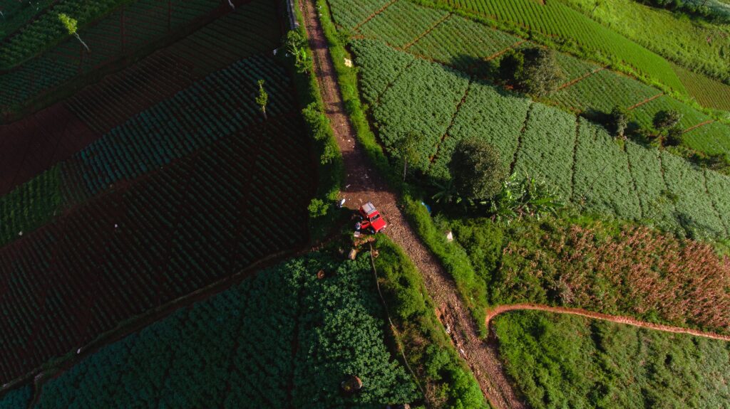 Agricultural land Aerial view of vibrant agriculture fields in Cimenyan, Indonesia with a red tractor.